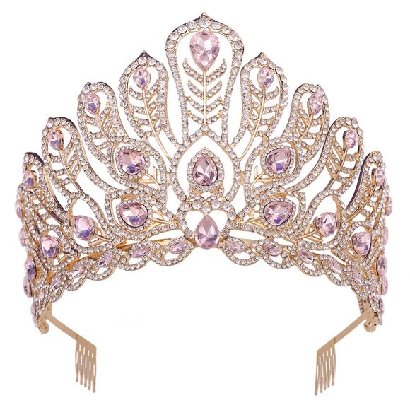 Princess gold crown, Pink Crystal Crown, Peacock Tail Shape, Stunning Headpiece - Picture 4 of 4